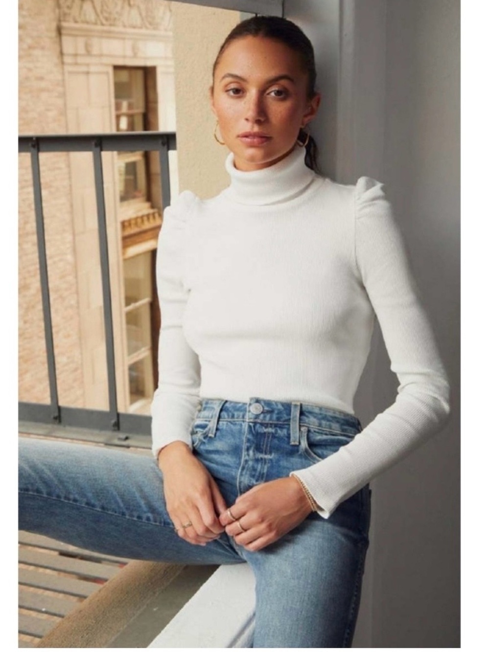 AMO Turtleneck Ribbed Puff-Sleeve Sweater - Cream - Picture 2 of 6